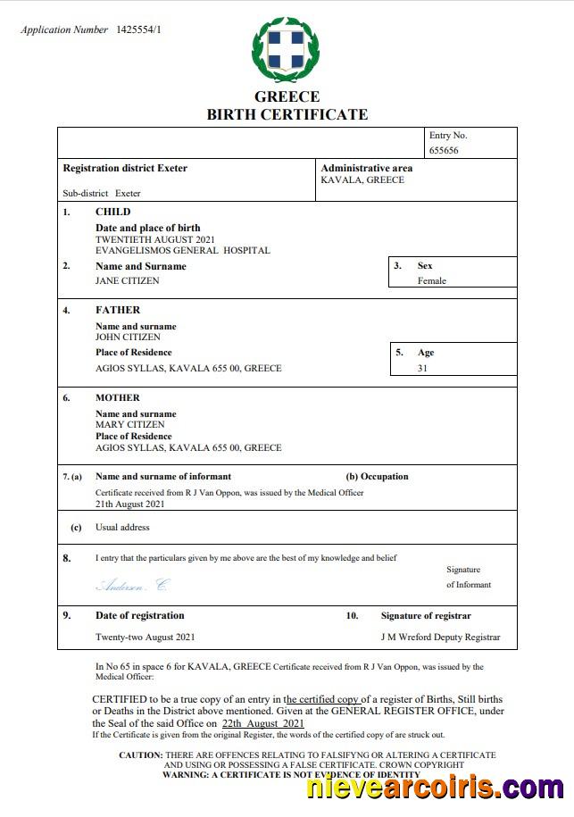 Greece birth certificate